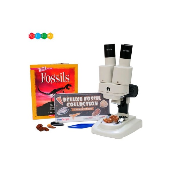 United Scope. AmScope 20X-50X Kid's Deluxe Stereo Microscope with Fossil Kit, Dual-Illumination SE102LED-18FOS-FSL-TW - main